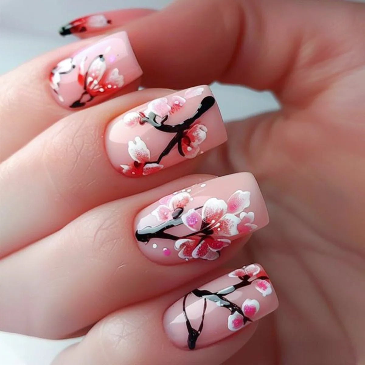 24pcs/set medium long fake nails for Spring summer season beautiful peach flowers butterfly design press on false nail art tips 1829