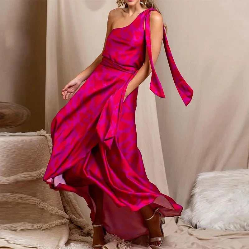 Women Dresses One Shoulder Print Camis Dress Backless Sexy Party Night Ankle Length Vestidos Boho Loose Spliced Streetwear Rose Red