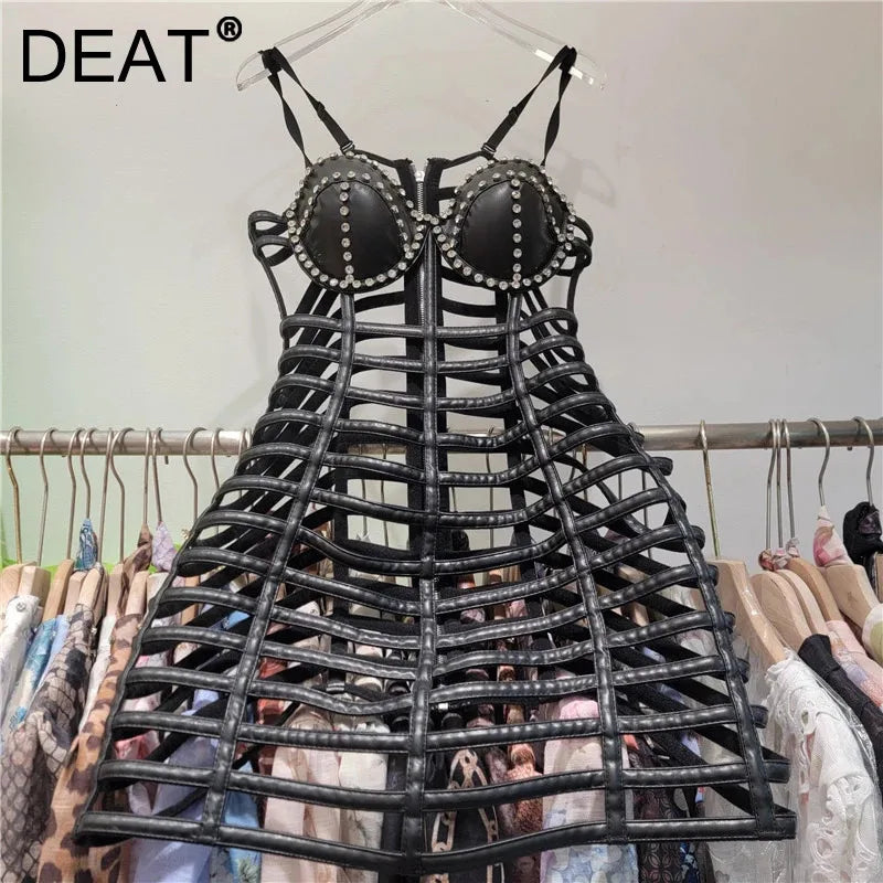 New Style Fashion Hollow Out Leather Dress For Women Heavy Industry Strapless Slim Fit Short Dresses Female 11A07880