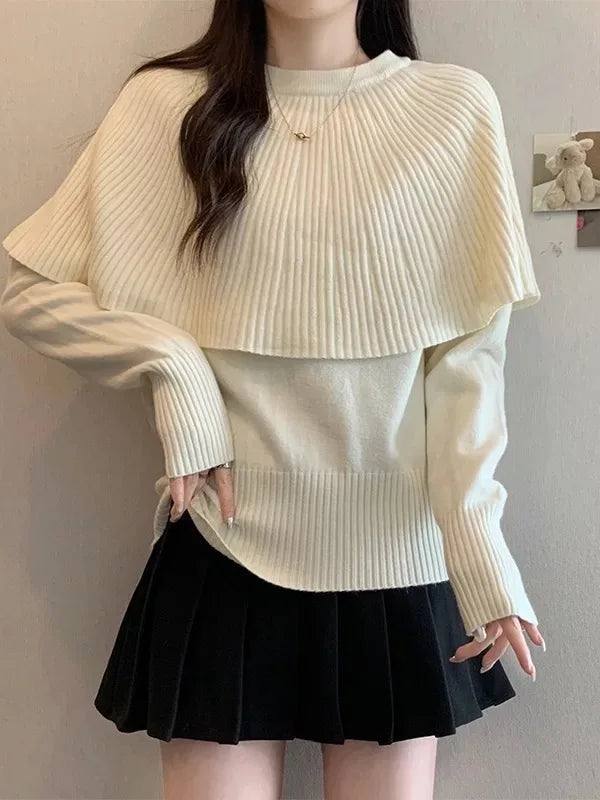 Autumn Winter New Design Fake Two-Piece Shawl Long Sleeve Pullover Sweater For Women Knitted Top Female Trend 11A07562 Creamy-white One Size