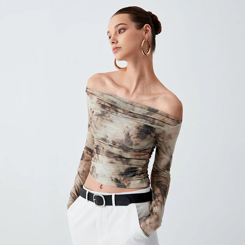 CUTENOVA Spring New Printed Slash Collar Long Sleeve Backless Shrinkage Top T-Shirt Mesh See Through Elegant Top Casual