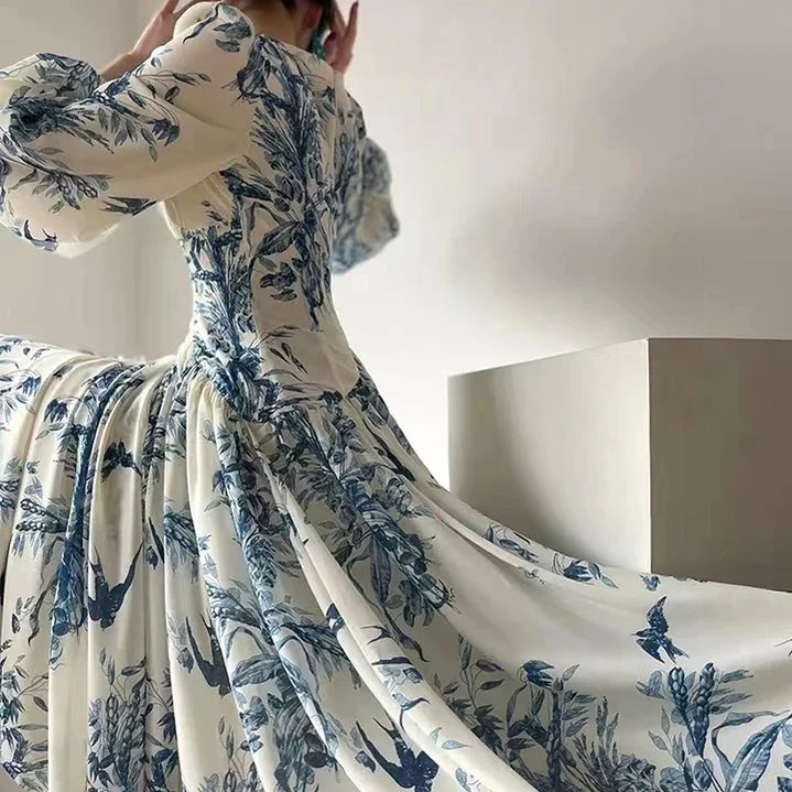 Fashion Designer Floral Beading High Waist A Line Party Women Vintage Elegant Lantern Sleeve Chic Casual Beach Holiday Dresses