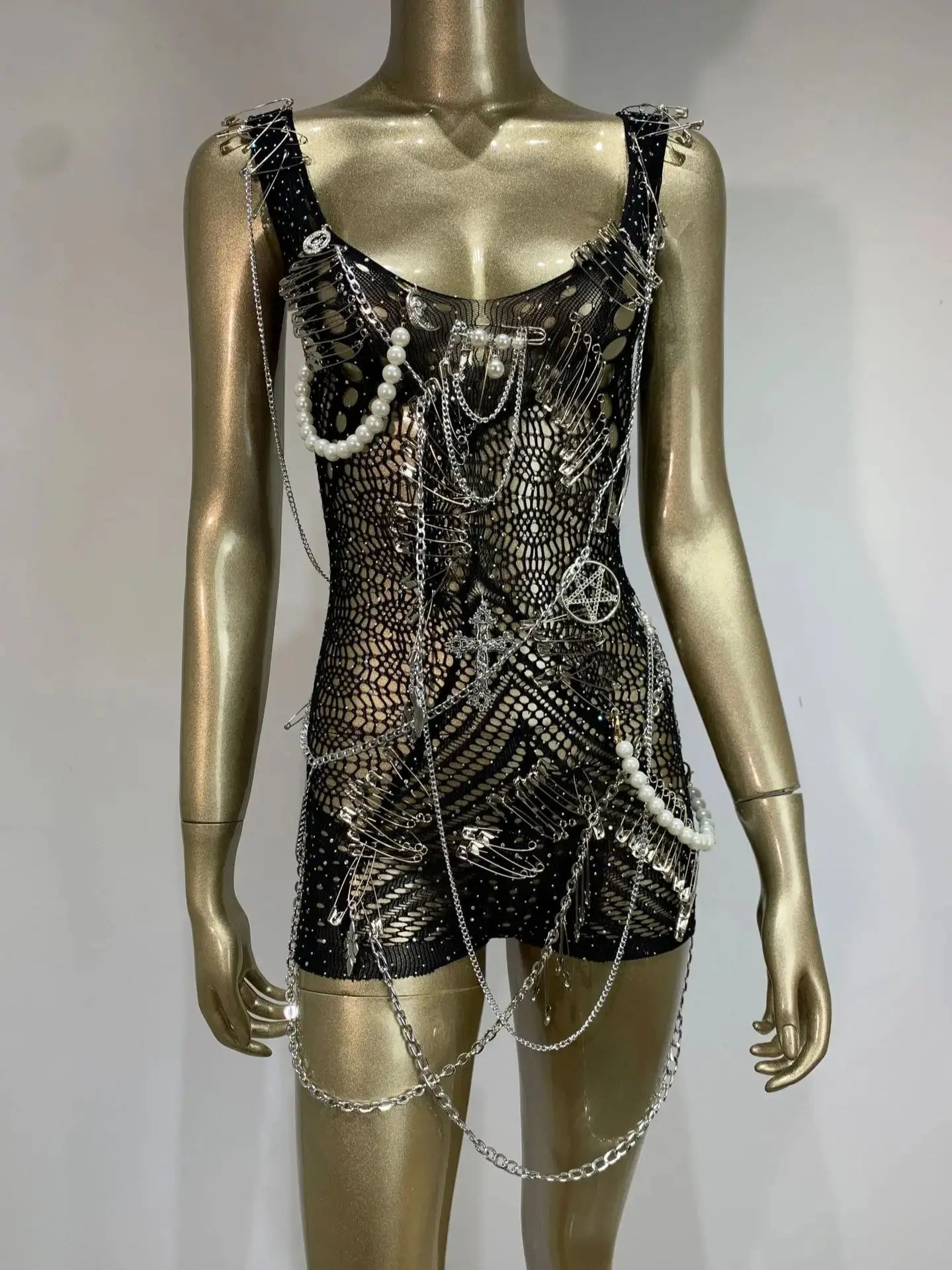 Stock Women Luxury Sexy Tank U Neck Chain Pin Decoration Playsuit Birthday Party Costume Bar Nightclub Stage Performance Outfit black