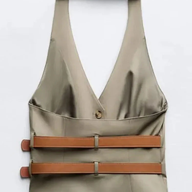 Fashion Leather Belts V-neck Halter Vest Women Elegant Sleeveless Backless Female Tanks Y2k Spring Summer Lady Waistcoat