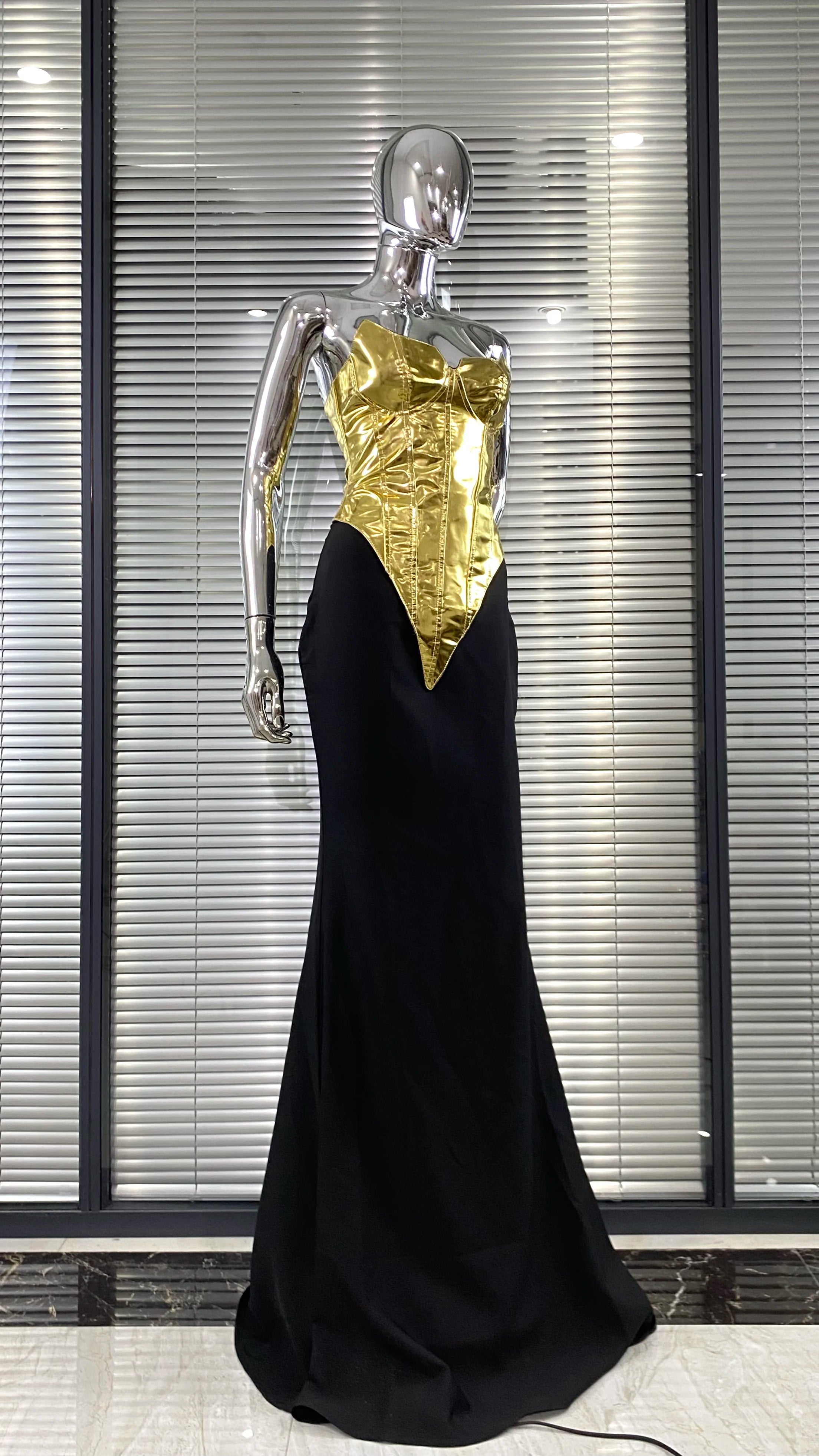 Women Sexy Gold Laced-up Tops Long Maxi Skirt Set Celebrate Evening Party Nightclub Fashion Cocktail Outfit Dress