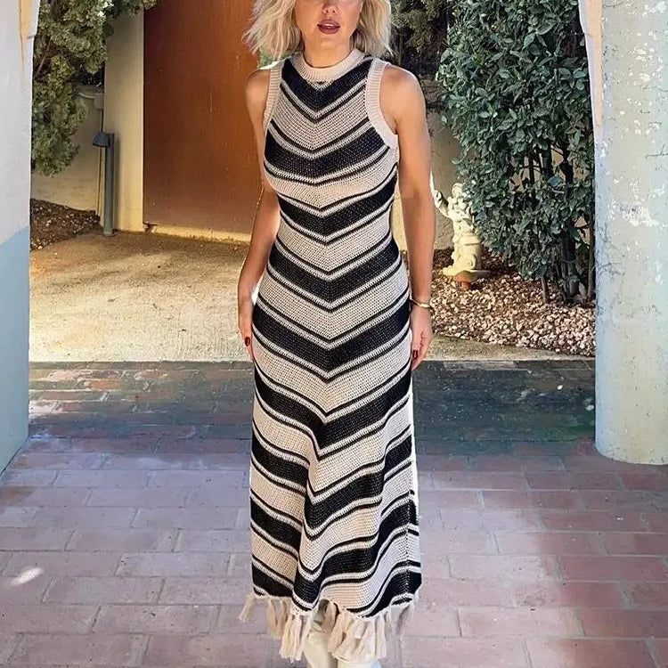 Summer Knitted Beach Dress Women Elegant Fashion Tassel Striped Long Dresses Summer Slim Bohemian Holiday Outfits Beachwear