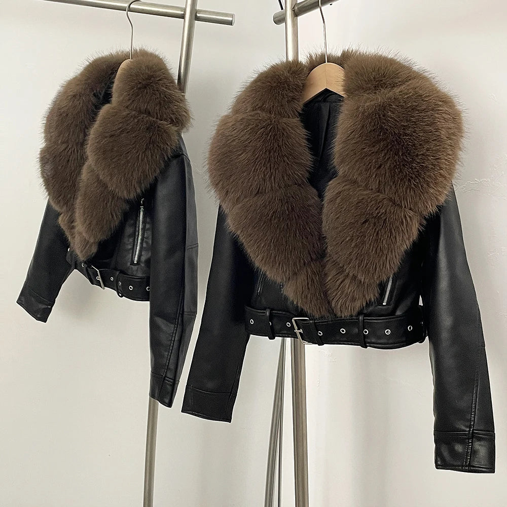 Fur Coat Eco-friendly Long Sleeve Autumn Faux Leather Jacket Short Clothing Female Spring New PU Fur Jacket Artificial Pockets