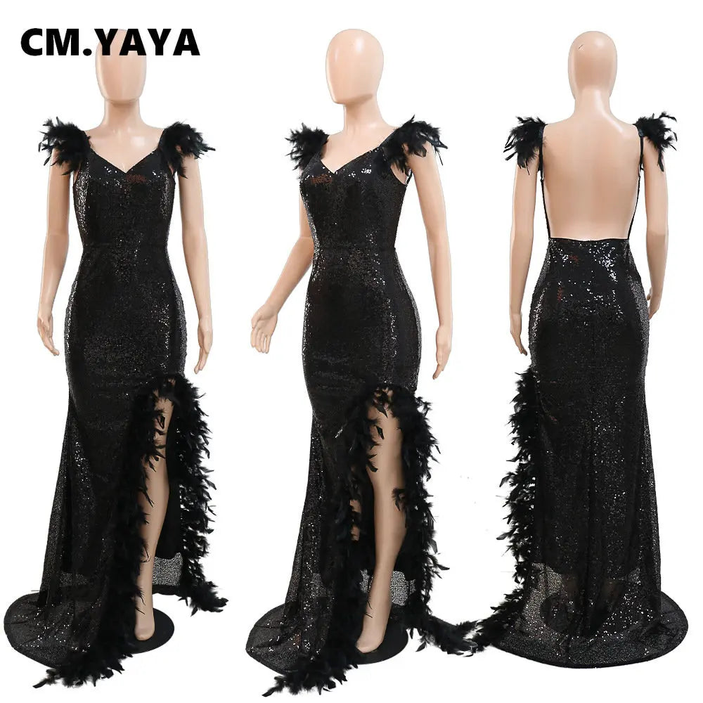 Women Sequined Spaghetti Strap Feather Hem High Side Slit Mermaid Trumpet Bodycon Midi Evening Sexy Party Maxi Dresses