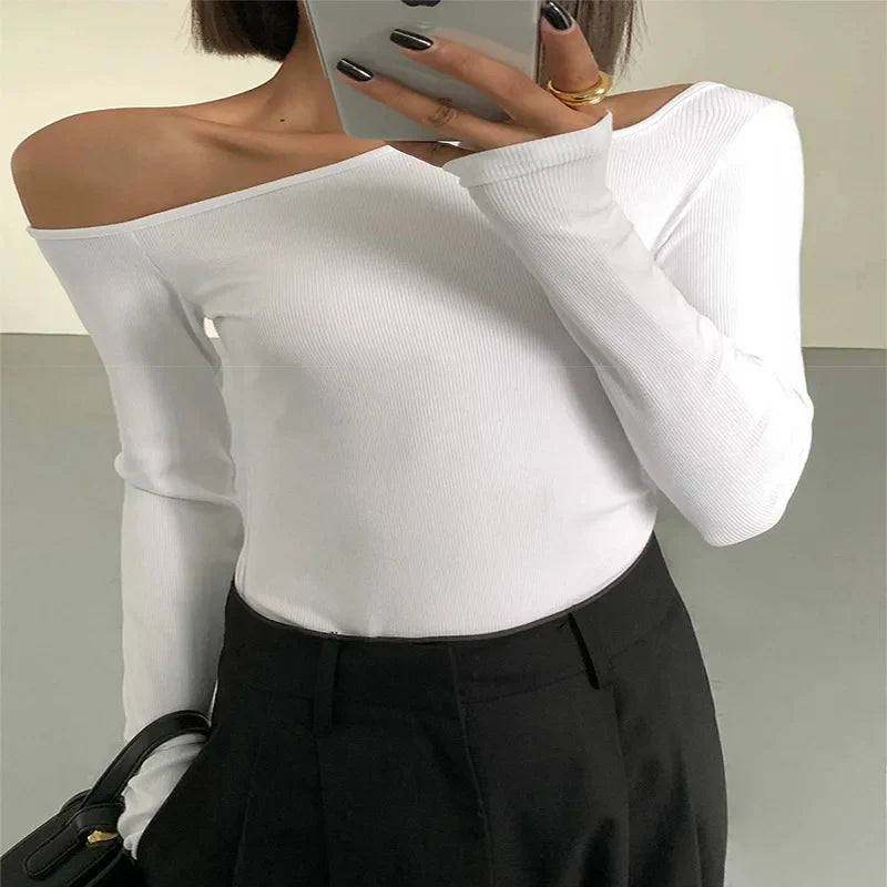 Fashion Skew Collar Off-shoulder Long-sleeved T-shirts Women Spring New Solid Slim Fit Crop Top Sexy Hollow Out Tees Shirts WHITE