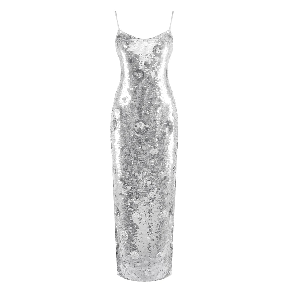 Women's Elegant Silver Sequins Slip Long Dress Sleeveless 3D Flowers Embellished Cocktail Party Evening Gown Silver