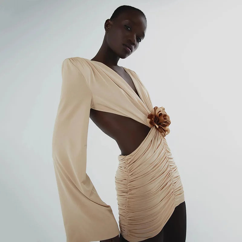 BoozRey Sexy Deep V Flower Long Sleeves Backless Dress 2023 Summer Elegant with Shoulder Pad Mini Dress Party Club Outfits Women