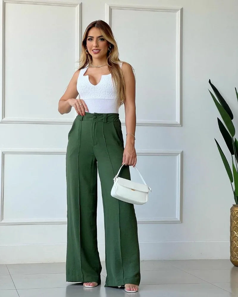 Spring Summer Solid Color Fashion Casual Pants Women's High Waisted Wide Leg Pants
