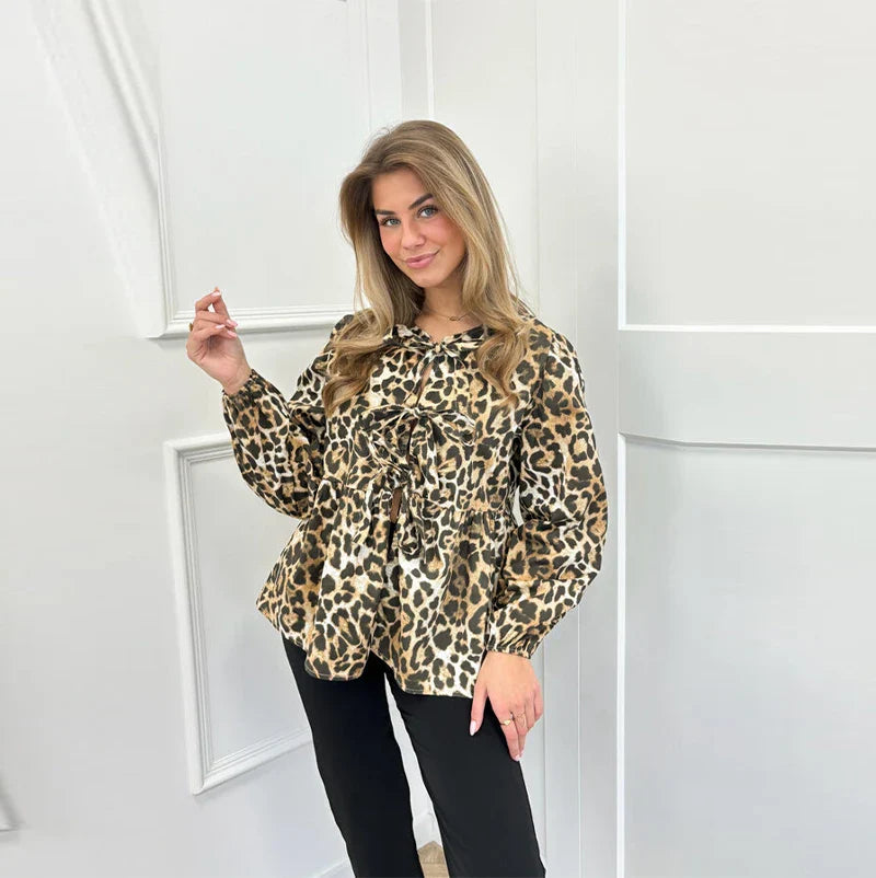 Fashion Leopard Printed Lace Up Shirts for Women Spring Summer Elegant Blous Female Casual Loose Y2K Chic Long Sleeve Tops Leopard