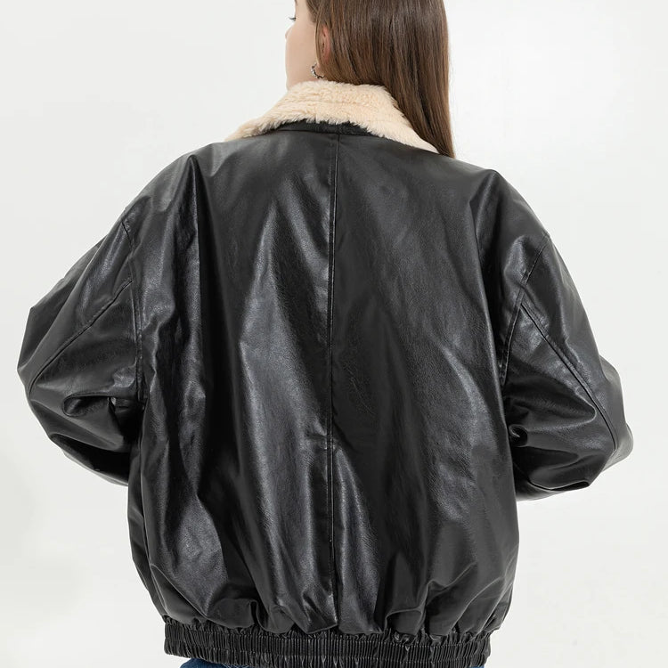 Winter Women's Fur Leather Jacket Long Sleeved Loose Warm Lamb Wool Vintage Thickened Locomotive Lapel Female PU Motorcycle Coat