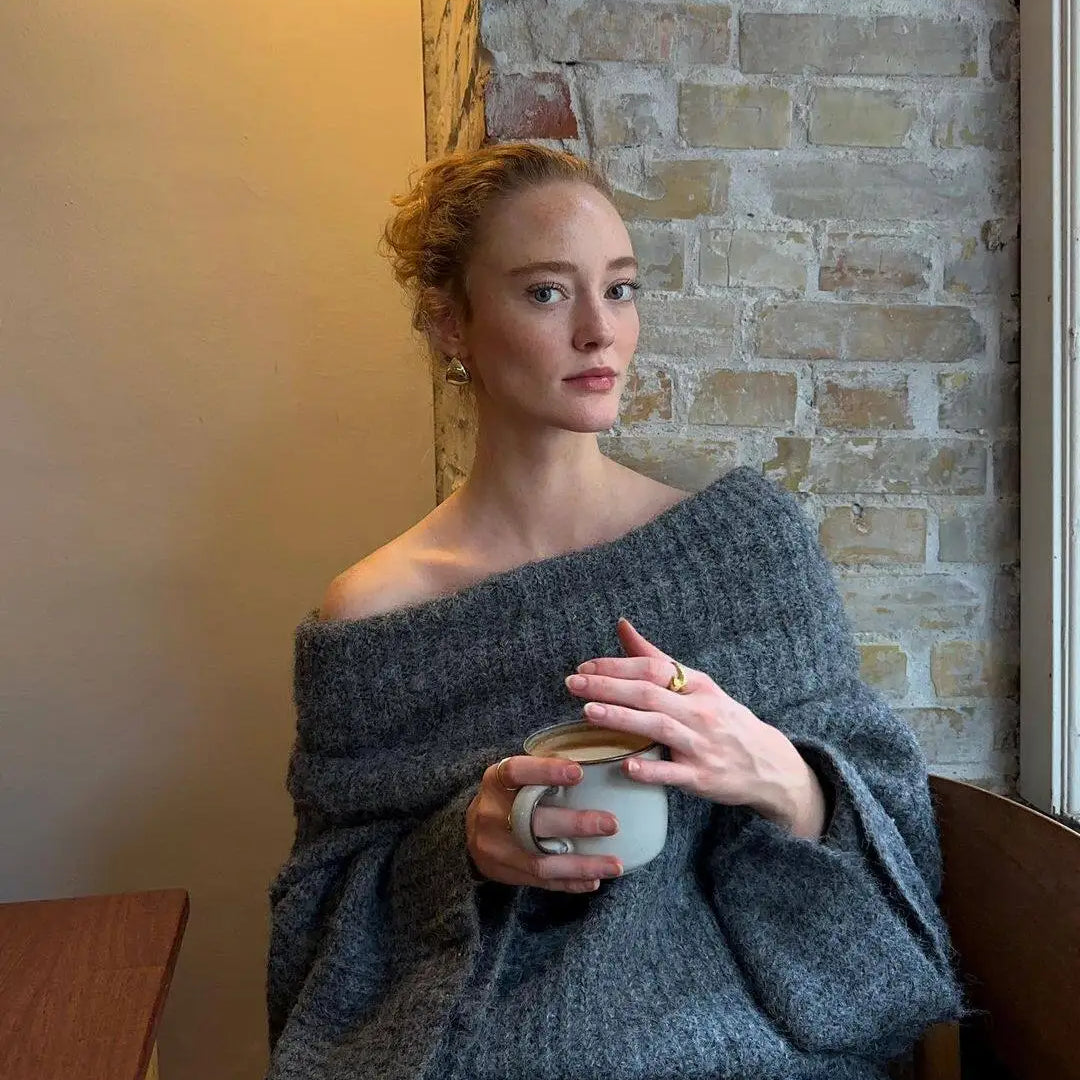 Thicken White Tassel Off Shoulder Sweater Women Elegant Slash Neck Long Sleeve Short Wool Pullover Winter Lady Knit Jumpers Gray