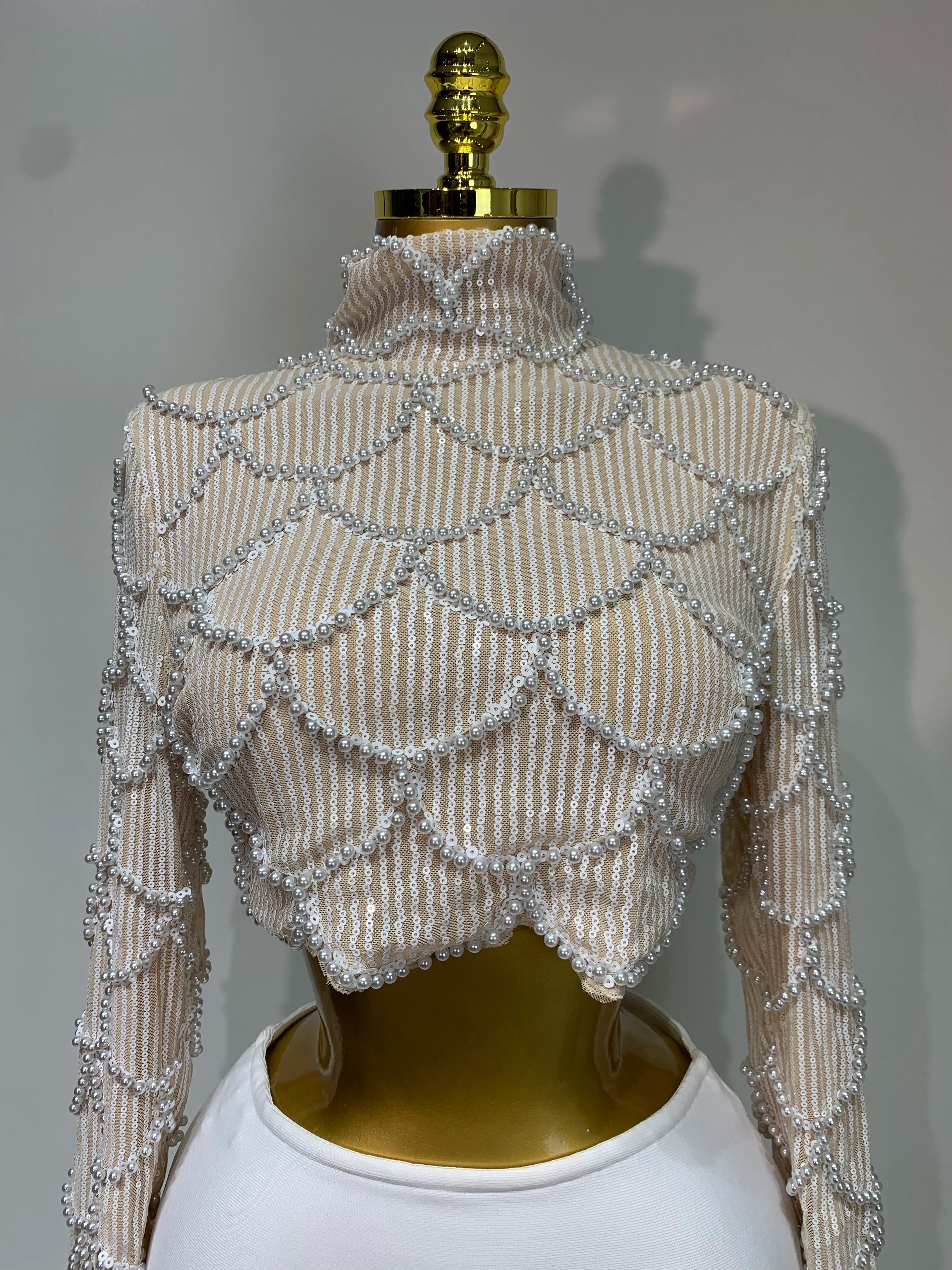 Women Long Sleeve Sexy Beading Tops Two Pieces Set Bodycon Long Bandage Dress Luxury Birthday Evening Party Wedding Guest Gowns