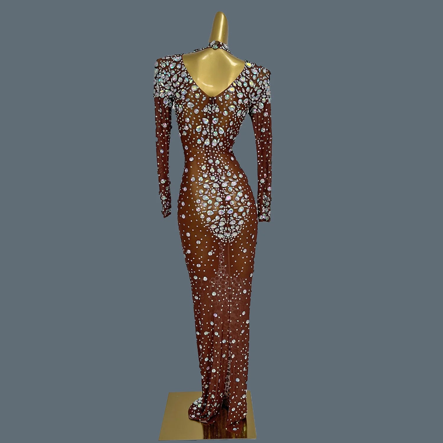 Sparkly Rhinstones Long Sleeve Elegant Party Dress Women Luxury Performance Stage Wear Evening Birthday Holiday Gown Caicui