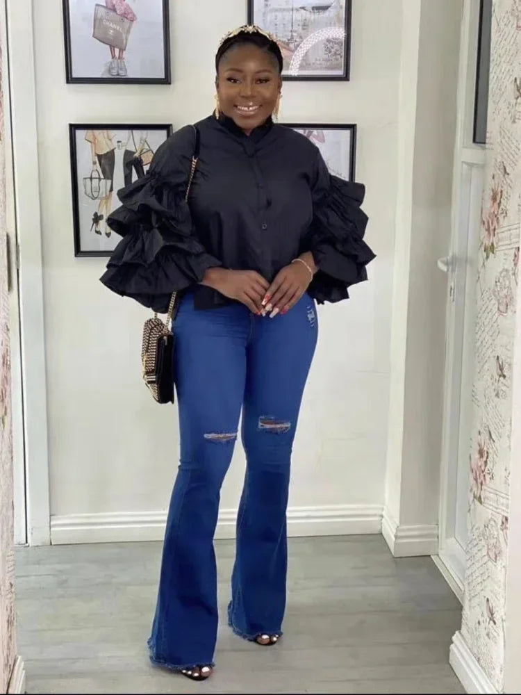 Women Shirts Solid Full Ruffles Sleeve Turn-down Collar Single Breasted Loose Shirts Office Lady Streetwear Summer Tops Black