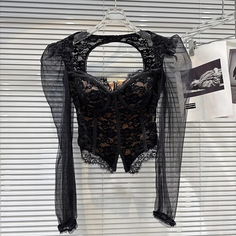 Winter New Fashion Mesh Sleeve Hollow Fishbone Chest Pad Slim Fit Lace Shirts For Women Versatile Short Top 11A07463 Black