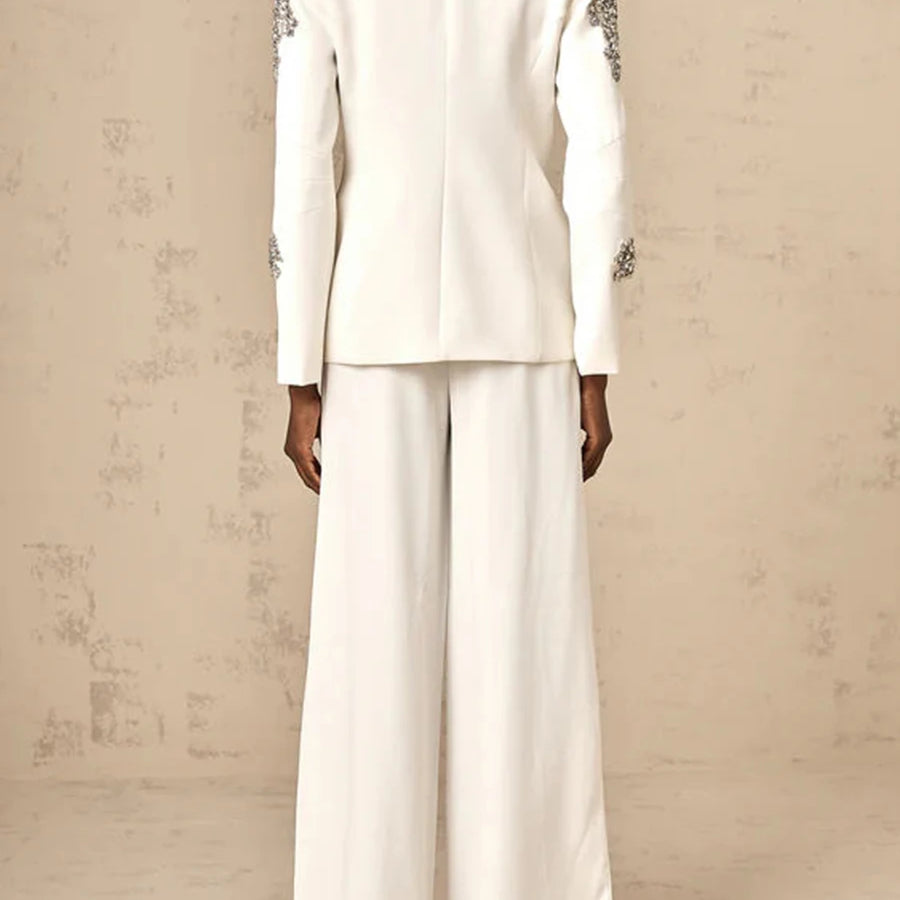 Solid Fashion Two Piece Set for Women Notched Spliced Pockets Blazer High Waist Wide Leg Pants Female Clothing New