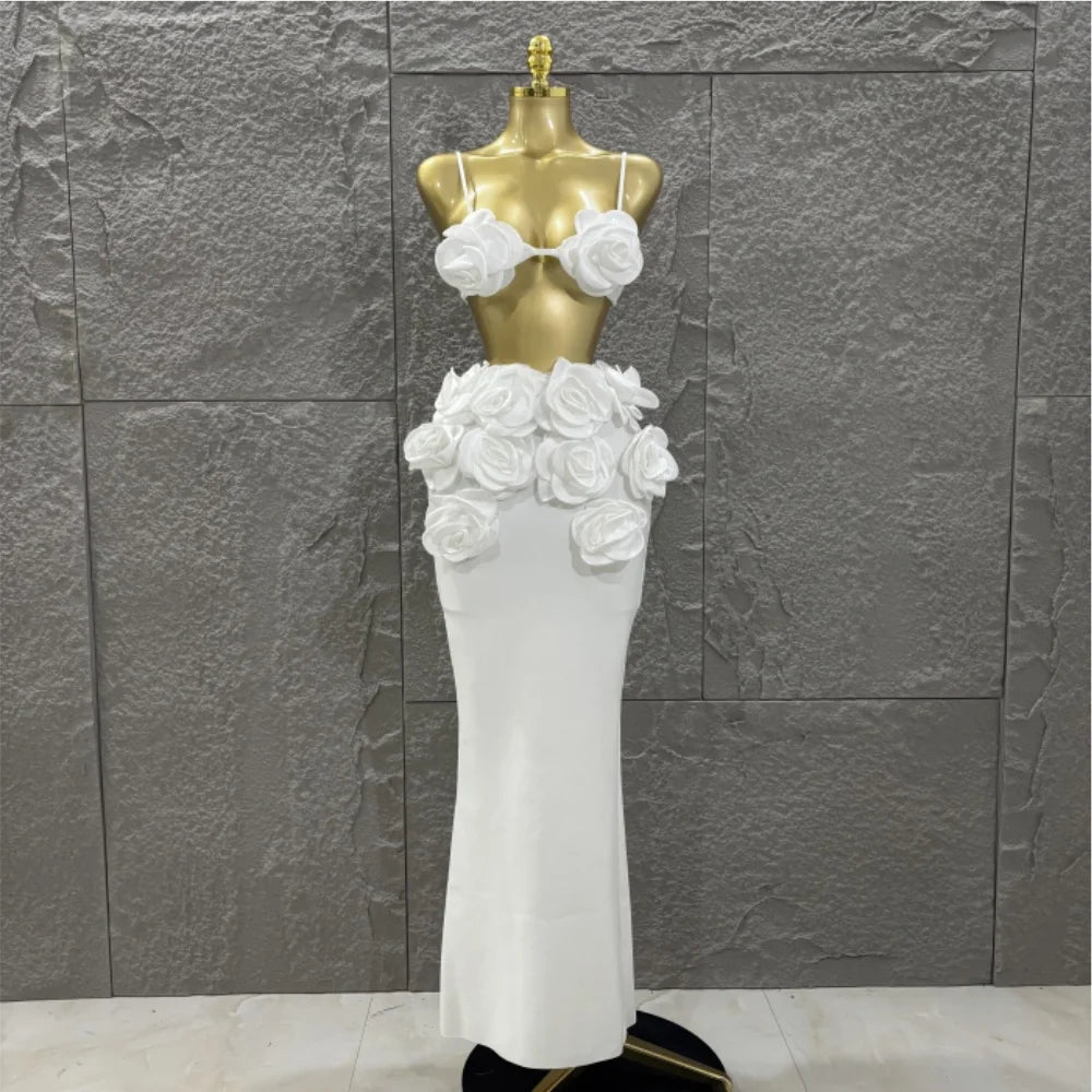 Hot Sale Women Sexy Strap Florlas 2 Pieces Bodycon Long Bandage Dress Nightclub Party Bar Singer Celebrate Birthday Outfit WHITE