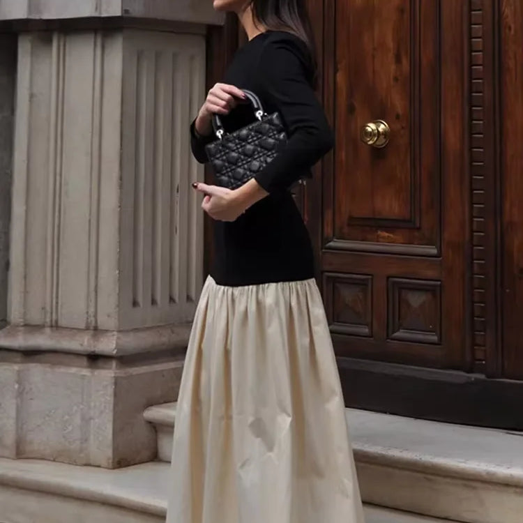 Vintage Women Ruffle Edge Splicing Full Sleeve Dress Fashion Round Neck A-line Maxi Dresses 2025 Lady New Spring Highstreet Robe