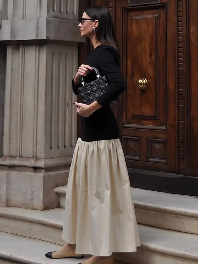 Vintage Women Ruffle Edge Splicing Full Sleeve Dress Fashion Round Neck A-line Maxi Dresses 2025 Lady New Spring Highstreet Robe