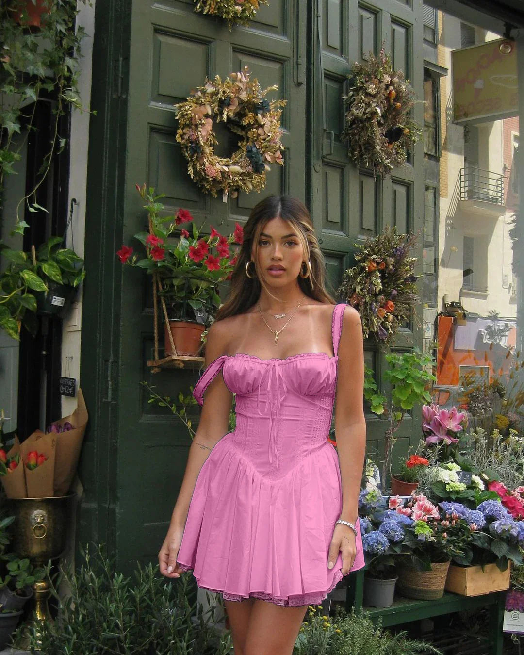 Elegant Women Summer Lace Floral Patchwork Corset Mini Dress Sleeveless Square Neck Tie-up Short Tank A-line Flowy Party Dress Pink