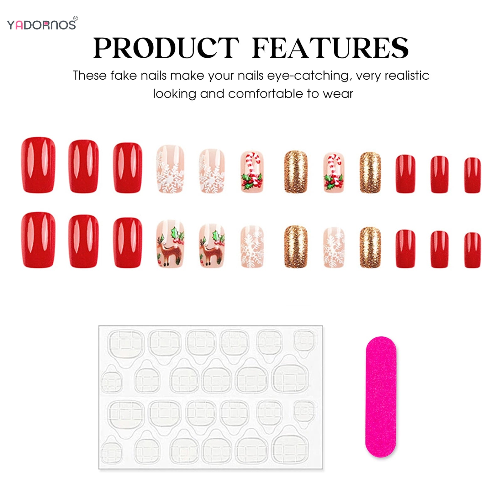 New Year Party Fake Nails Art 24Pcs Red Short Square Press On Nails Deer/Snowflake Printed Christmas False Nails Patches