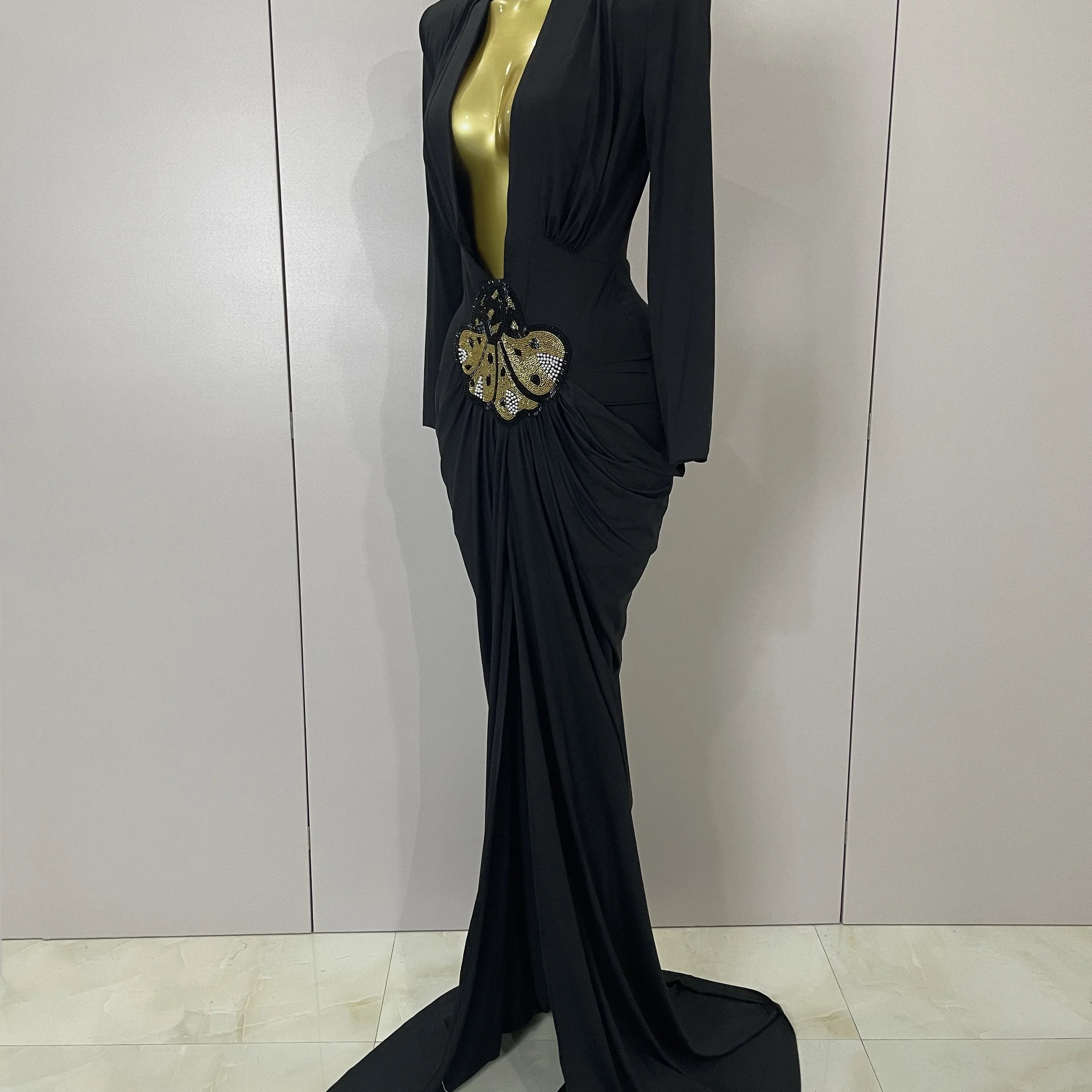 Sexy Deep V-Neck Long Sleeve Bodycon Long Dress 2025 New Women Spring Elegant Evening Party Celebrate Cocktail Outfit Vestido