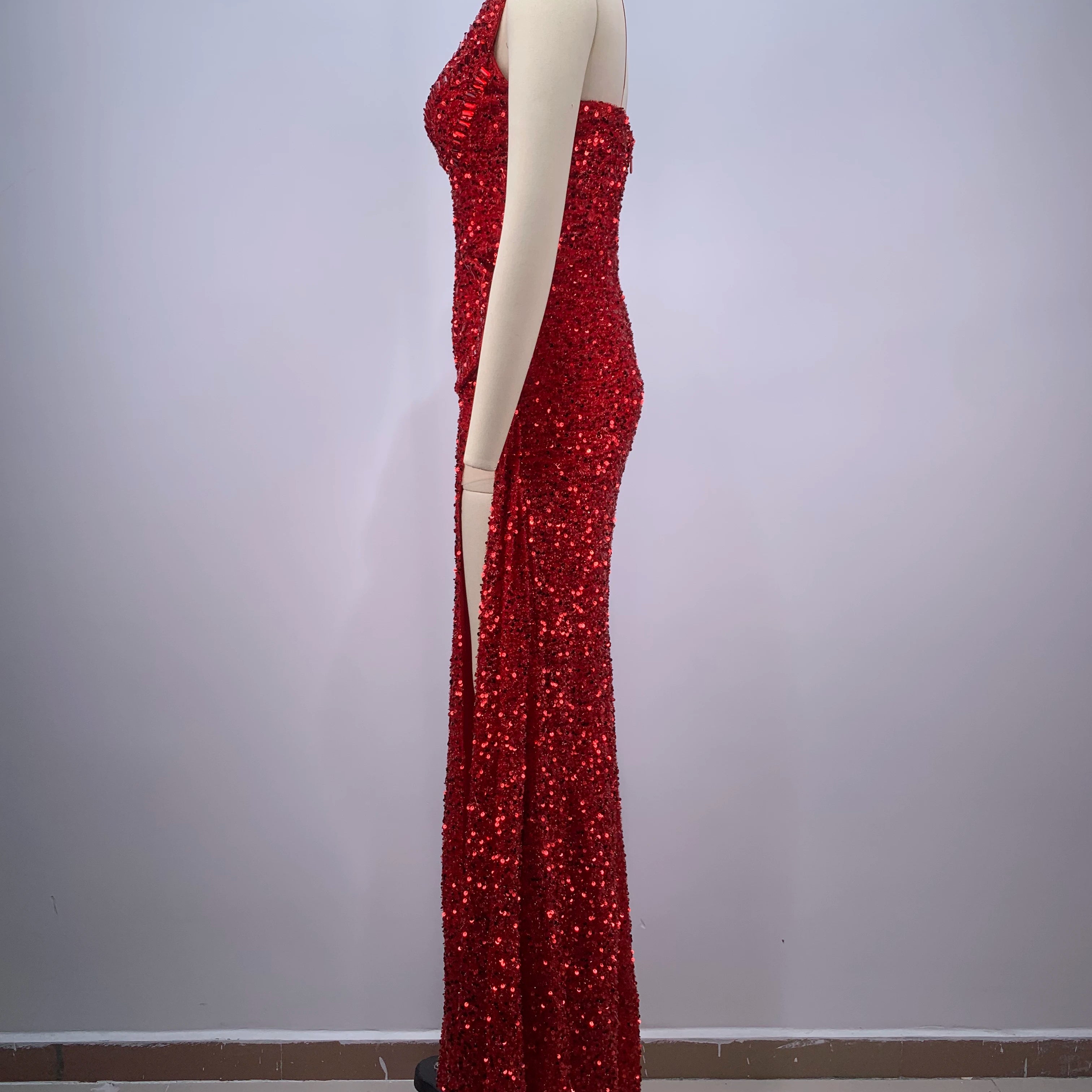 2024 Red Color Women Sexy Strapless Shinning Sequins Floor-lenght Dress Wedding Party Celebrate Prom Dress Vestido