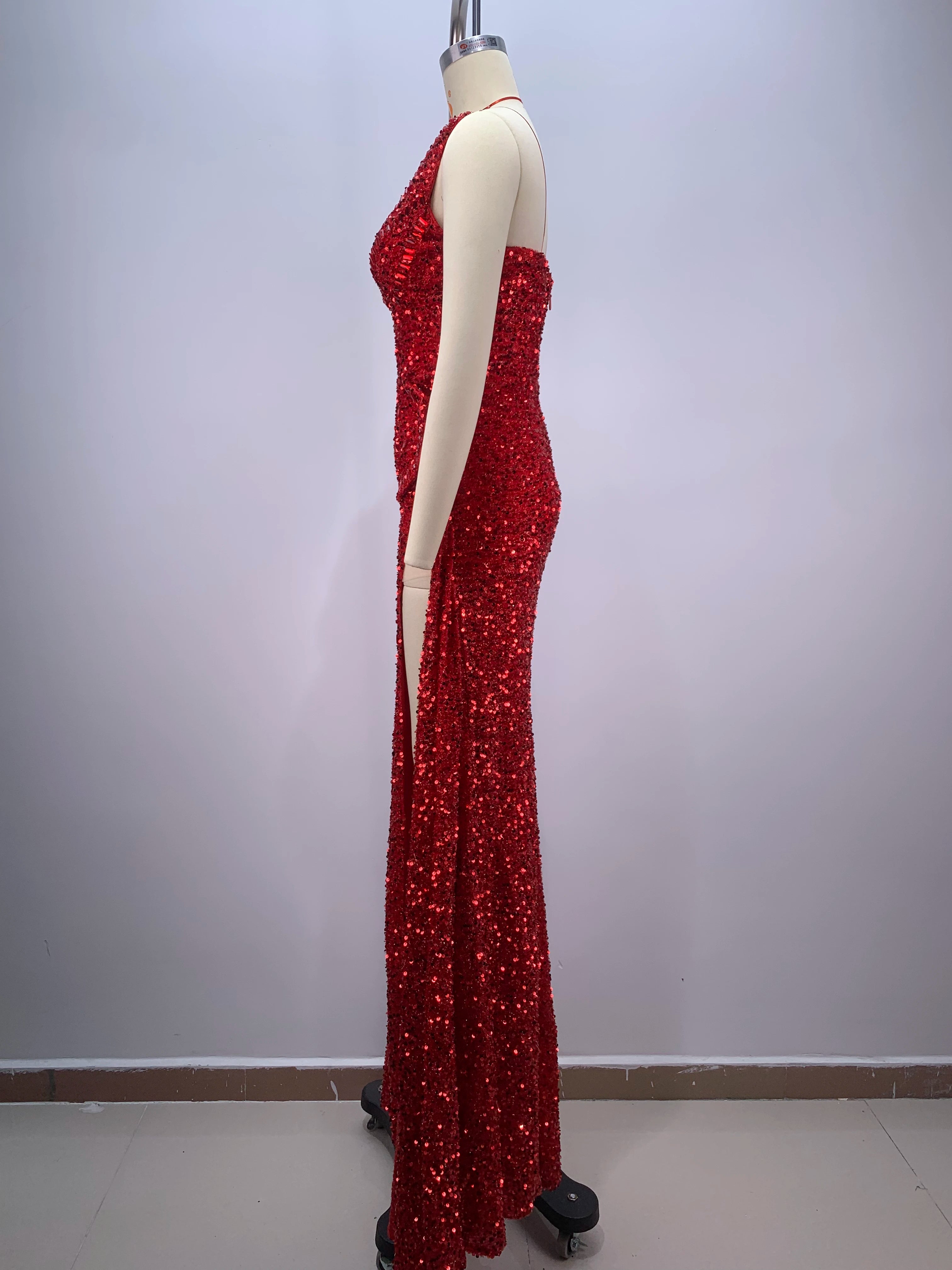 2024 Red Color Women Sexy Strapless Shinning Sequins Floor-lenght Dress Wedding Party Celebrate Prom Dress Vestido
