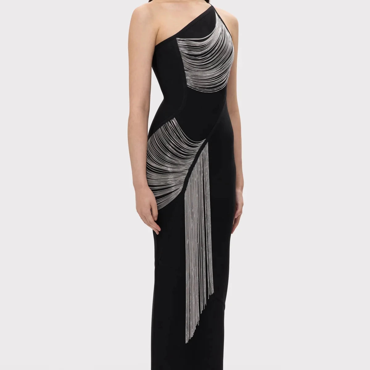 Women Sexy Halter Off the Shoulder Silver Tassels Bodycon Long Bandage Dress Evening Party Celebrate Cocktail Wear