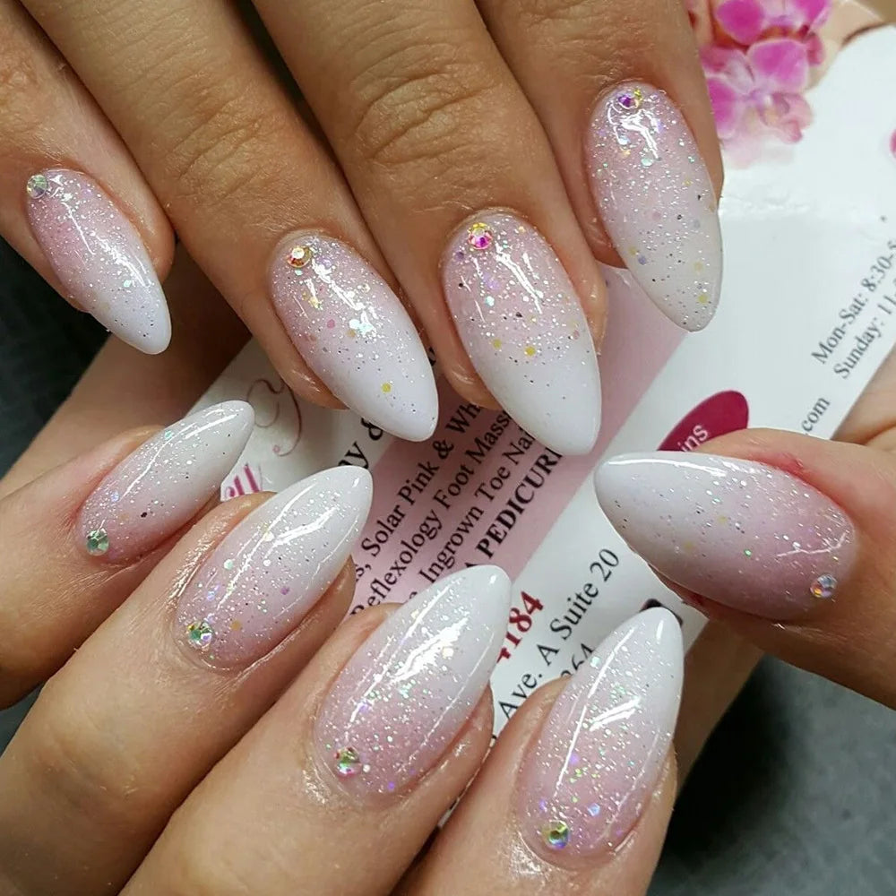 24pcs Nude Pink Glossy Fake Nails with Diamond Nail Tips Art Gradient Glitter Short Almond Oval Fashion Simple Acrylic Nails Set 5