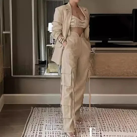 Fashion Women's Set Long Sleeve Blazer Suit and Wide Leg Cargo Pants 2023 OL Workout Two 2 Piece Sets Outfit Tracksuit