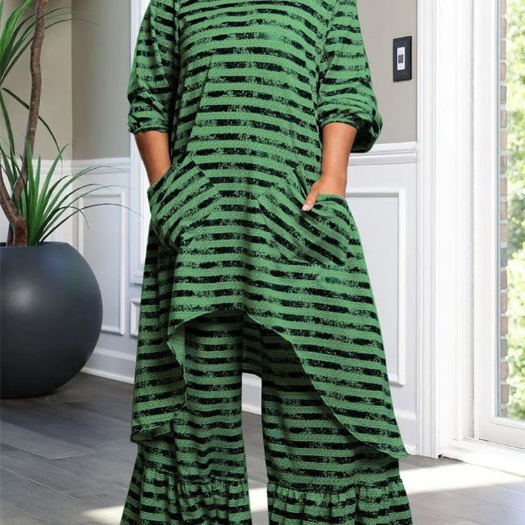 Wmstar Plus Size Two Piece Women Clothing Long Sleeve Long Top and Pants Sets Striped Matching Set Wholesale Dropshopping 2024 green