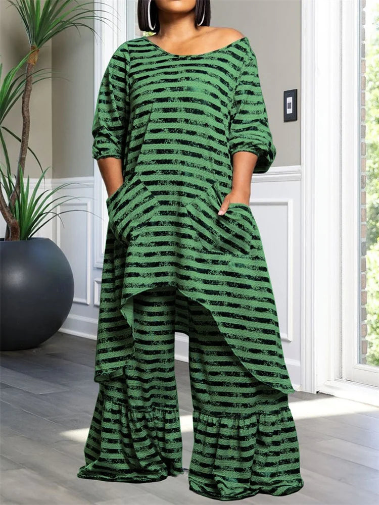 Wmstar Plus Size Two Piece Women Clothing Long Sleeve Long Top and Pants Sets Striped Matching Set Wholesale Dropshopping 2024 green