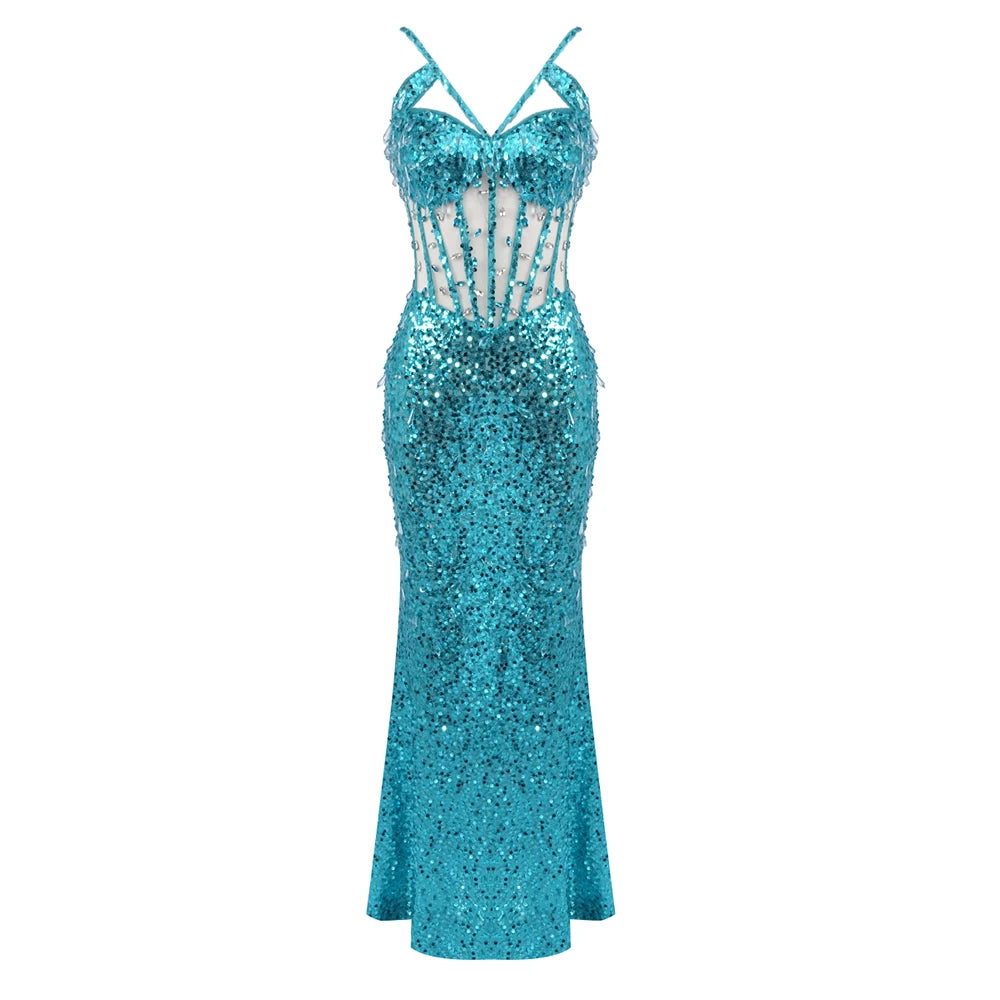 Opulent Cyan Cross Straps Sequin Crystal Detailing Dress for Fashion Galas Party Evening Gown Cyan