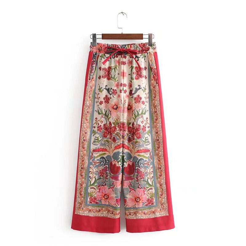 Retro Flower Printed Blazer Suits For Women Spring OL Casual Long Sleeve Jacket Wide-Leg Pants Female Trendy 2 Piece Sets Outfit 01 pants