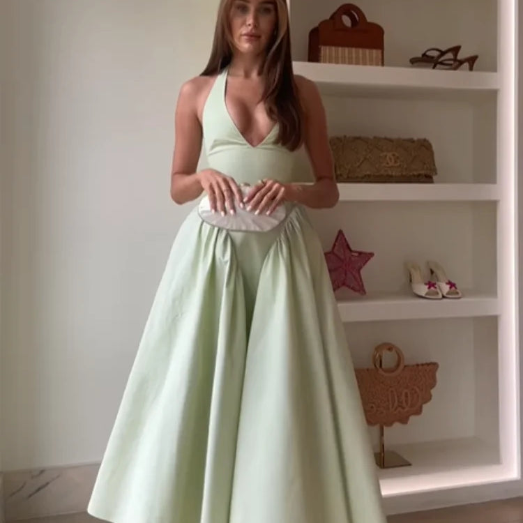 Elegant V Neck Green Long Dresses Women Fashion High Waist A-line Halter Midi Vestidos New Summer Lady Evening Party Dress 2025