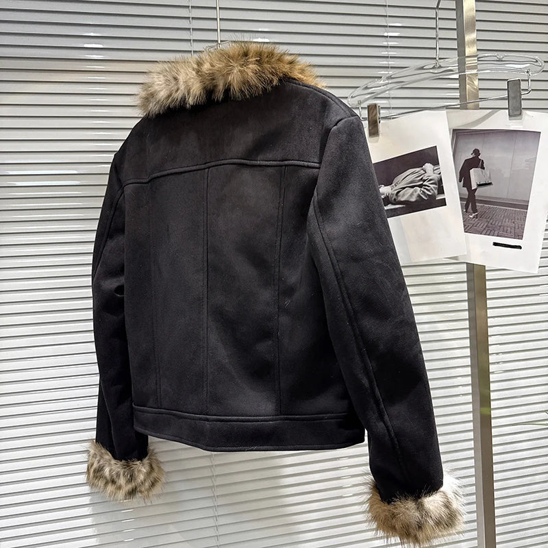 Winter New Trendy Fashion Leopard Print Fur Collar Suede Thickened Jacket For Women Warm Coat Female Trend 11A07449