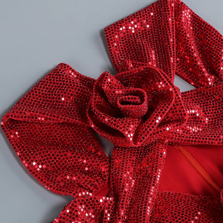 2024 Summer New Women's Sexy V-neck Long sleeves Flower Decoration Sequins Mermaid Bodycon Celebrity Party Evening Dress