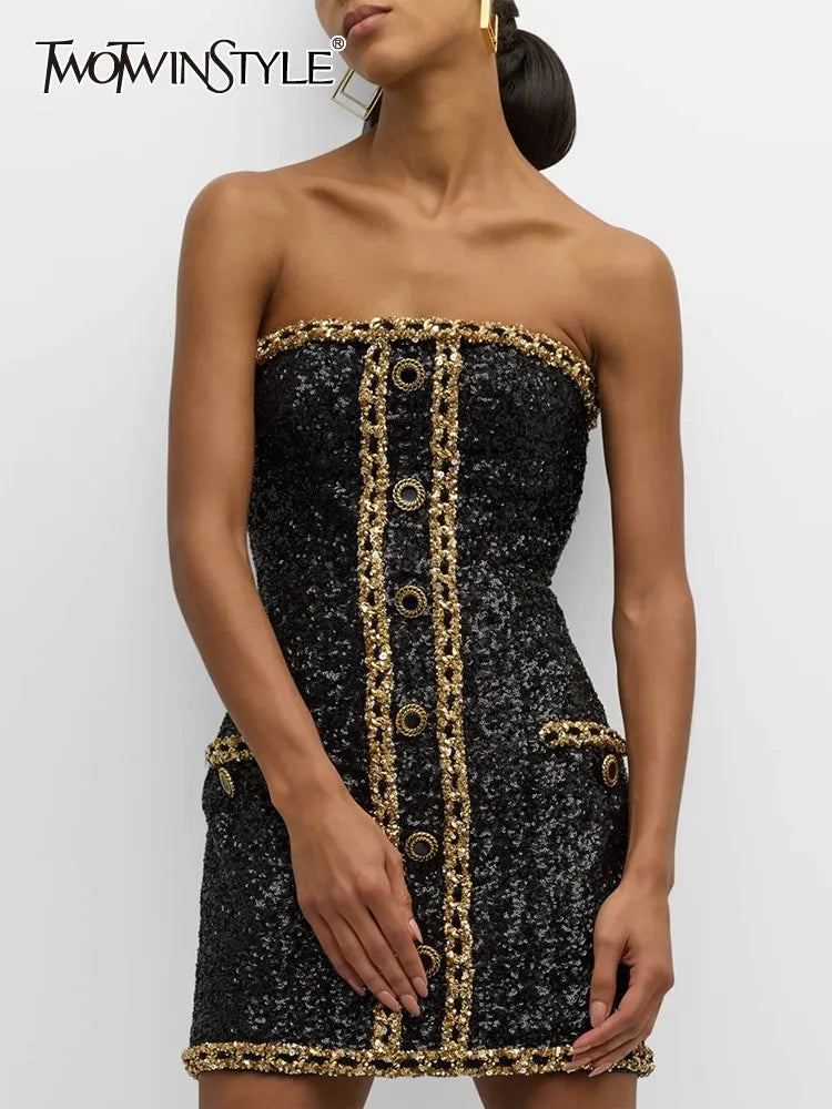 Hit Color Sexy Dresses For Women Strapless Sleeveless High Waist Slimming Patchwork Button Dress Female Fashion New