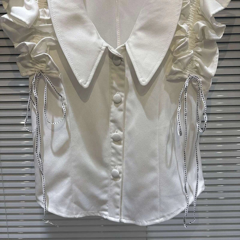 Spring New Sweet Temperament Ruffled Tie Sleeve Solid Color Tank Top For Women Versatile Single-breasted Vest 11A07933