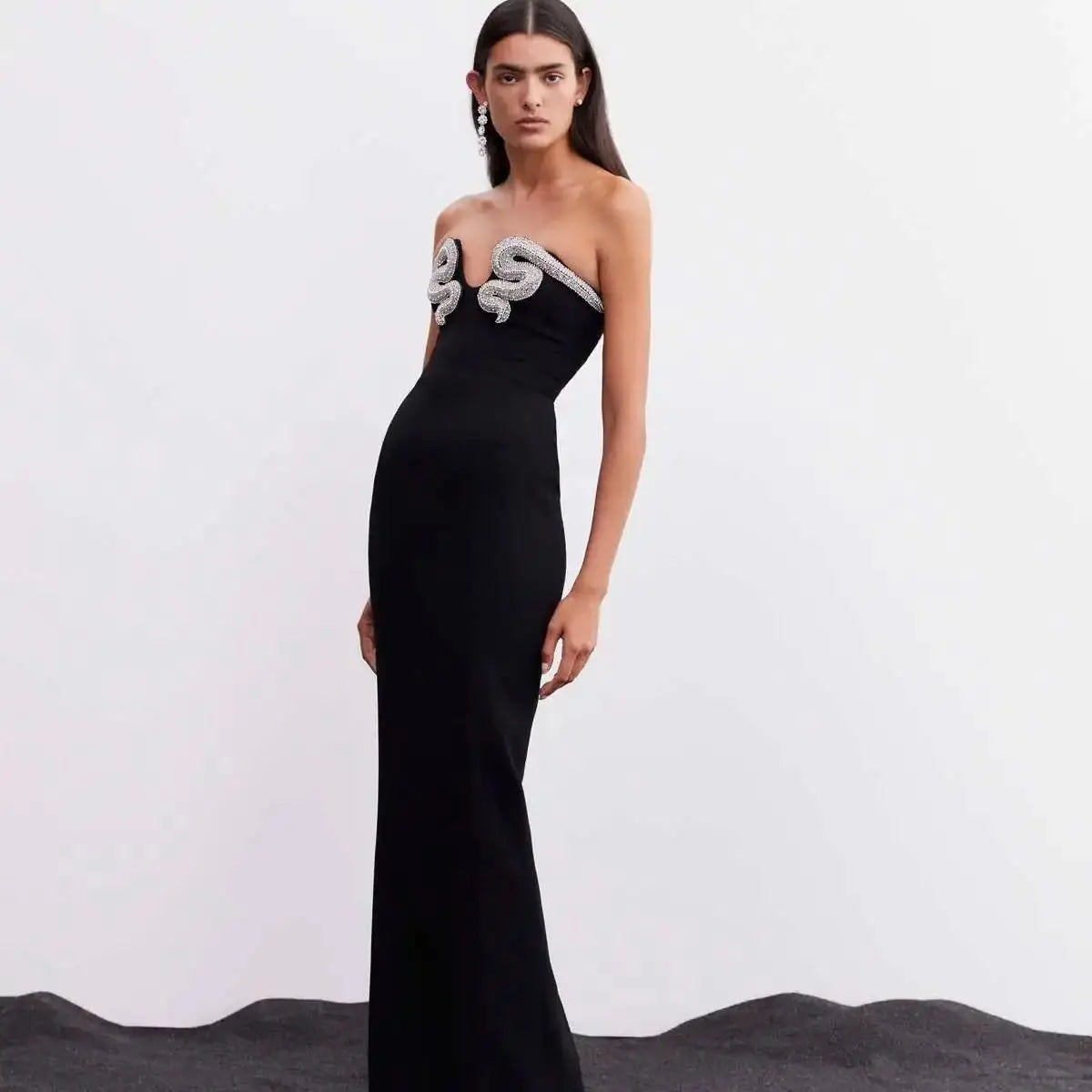 Shining Diamonds V-Neck Strapless Black Long Bandage Dress Elegant Woman Evening Party Dress Cocktail Party Outfit