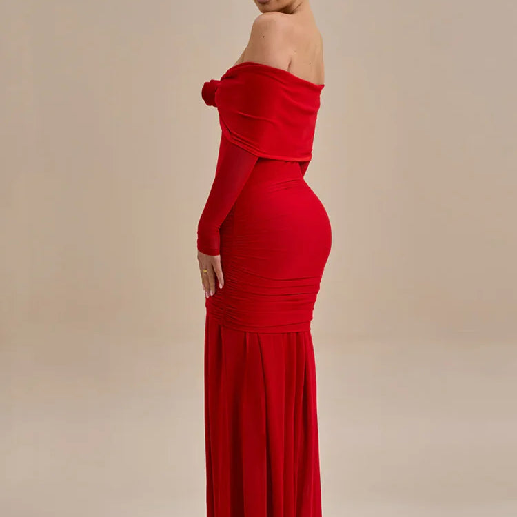 Off-shoulder Strapless Rose Sexy Maxi Dress For Women Fashion Long Sleeve Backless Ruched Bodycon Club Party Dress