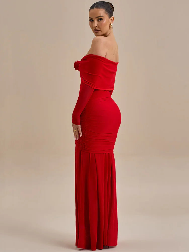 Off-shoulder Strapless Rose Sexy Maxi Dress For Women Fashion Long Sleeve Backless Ruched Bodycon Club Party Dress