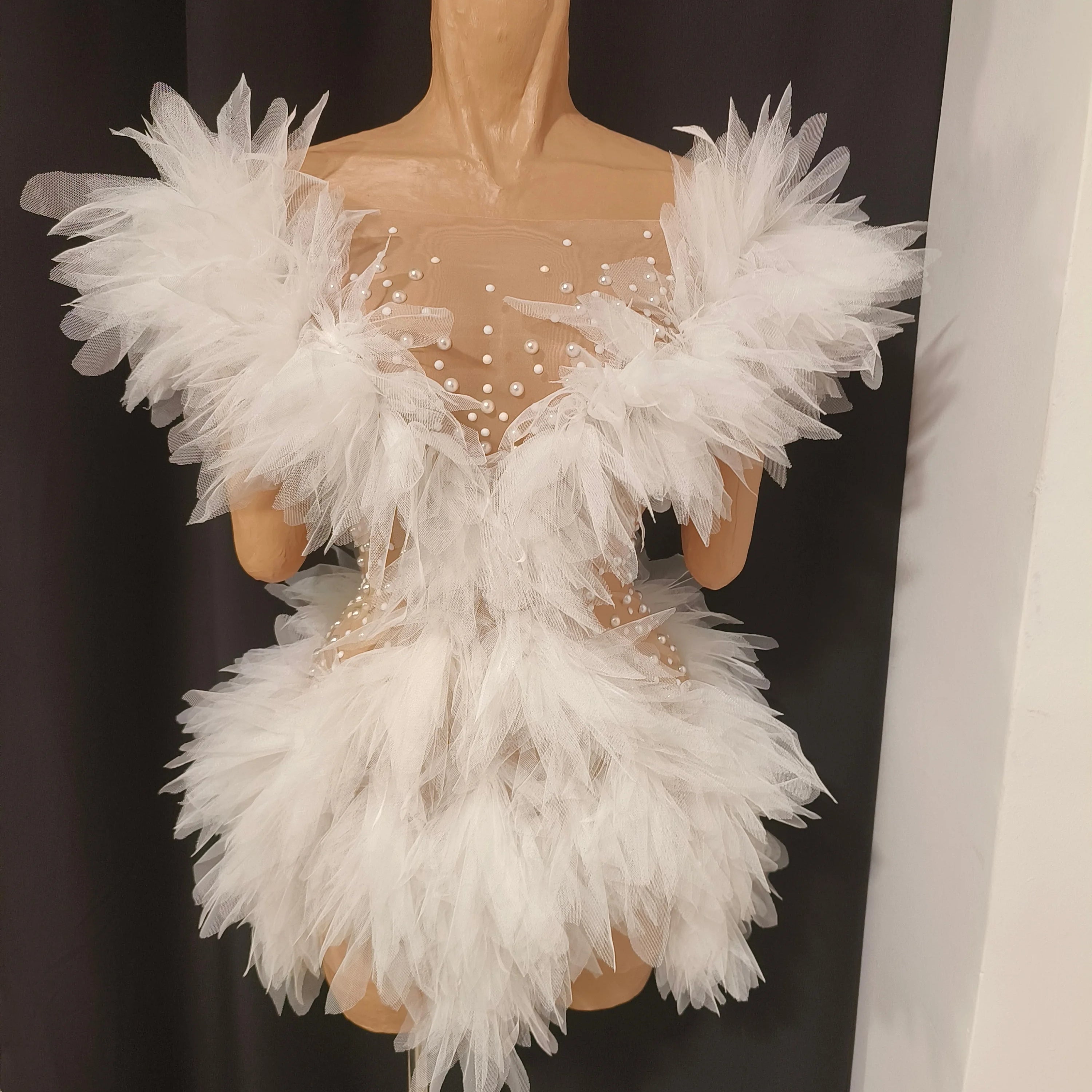 Refined Chic Tulle Mesh Mini Dress Women Pearl Crystal Embellished Sheer Illusion Neck Bridal Shower Birthday Party Dress WHITE