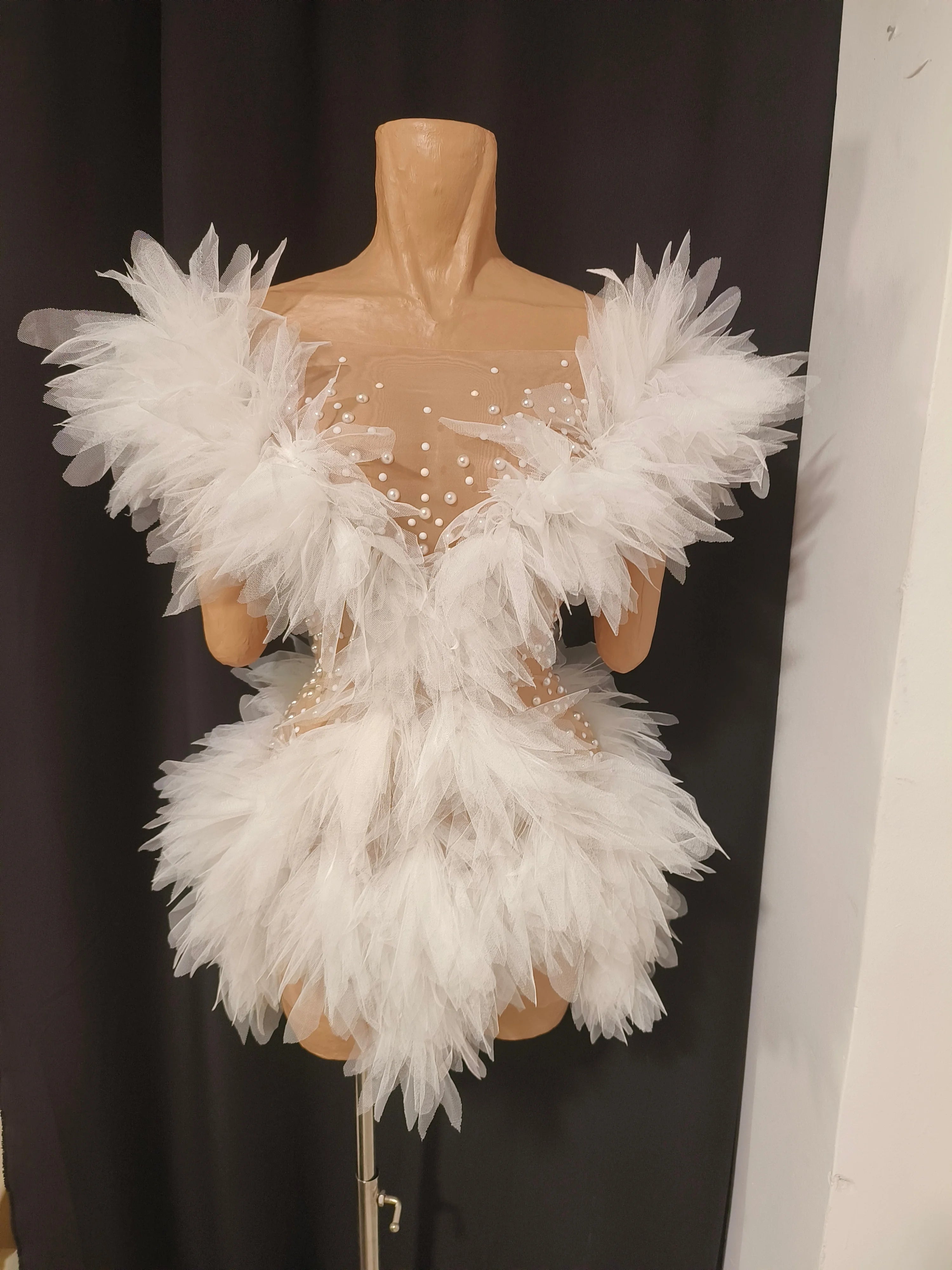 Refined Chic Tulle Mesh Mini Dress Women Pearl Crystal Embellished Sheer Illusion Neck Bridal Shower Birthday Party Dress WHITE