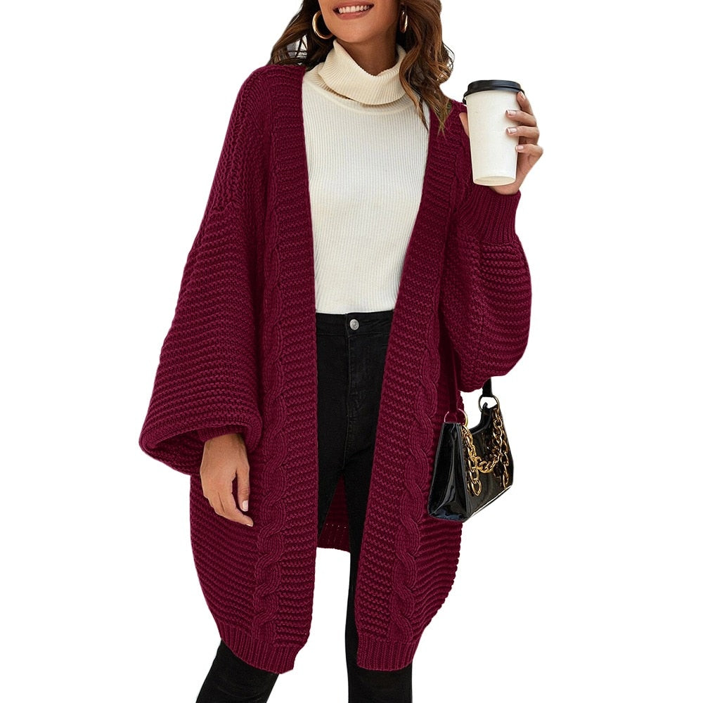 Womens Open Cardigan Long and Loose Sleeve Casual Knit Sweater Narrow Cuffs Solid Color Warm Coats Burgundy